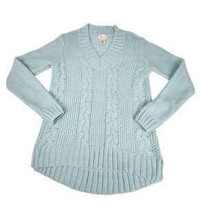 Andrea Jovine Small Cable Knit V Neck Sweater Chunky Wool Alpaca Blue Green Teal